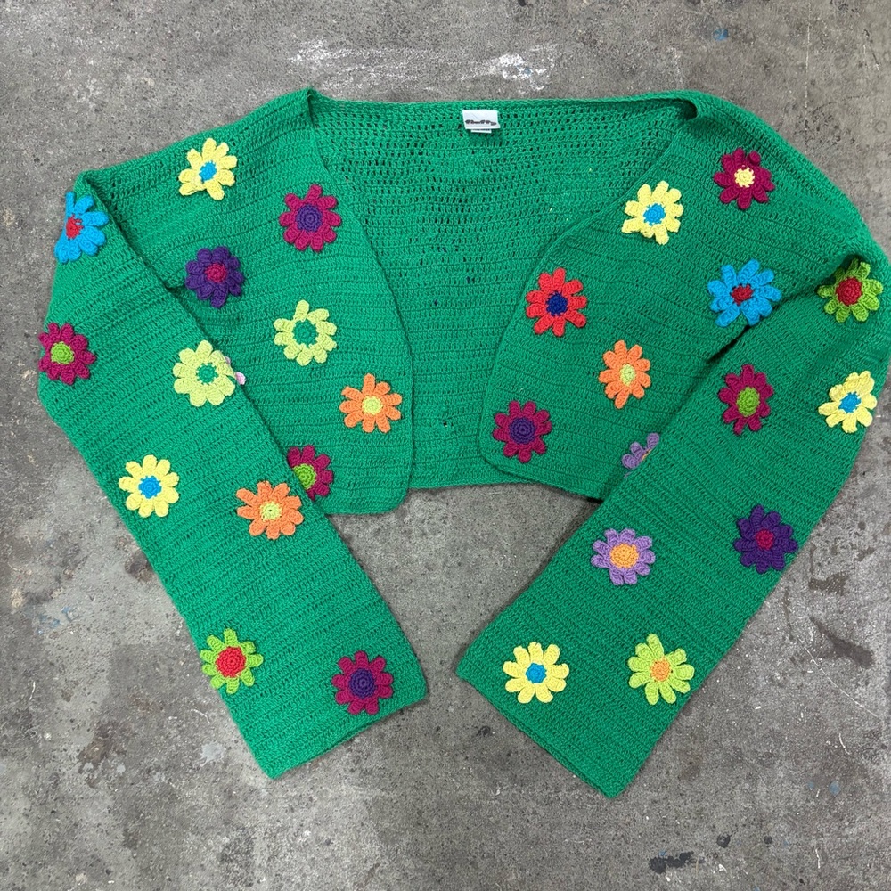 Green Multi Color Daisy Crochet Fluffy Brand Cropped Cardigan Sweater